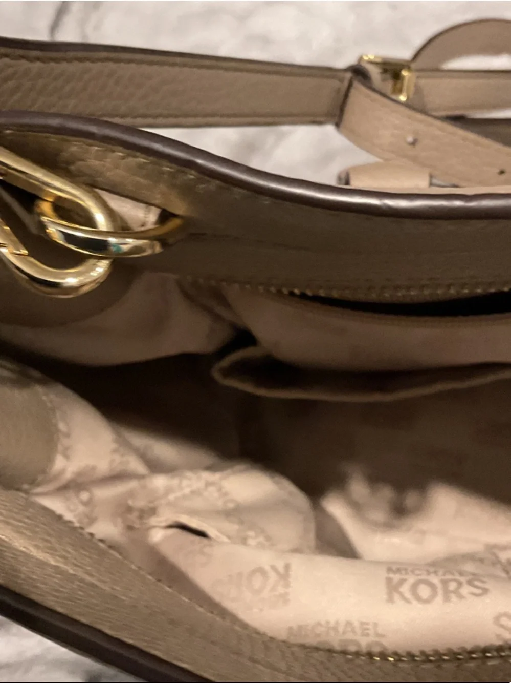 Michael Kors Pebble Leather Satchel in Taupe Beige with Gold Hardware